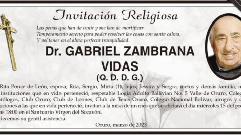 Invitación religiosa para la misa de un mes en honor al Dr. Gabriel Zambrana Vidas