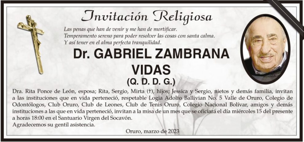 Invitación religiosa para la misa de un mes en honor al Dr. Gabriel Zambrana Vidas