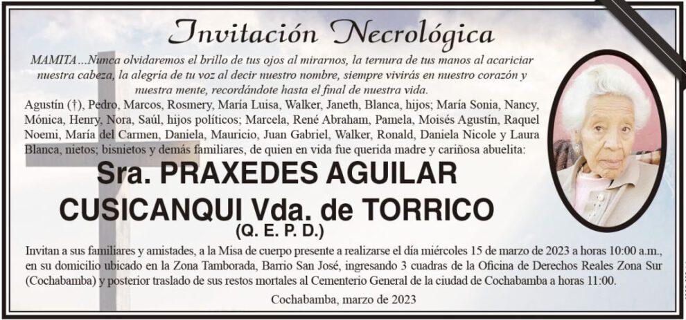 Invitación Necrológica de Praxedes Aguilar Cusicanqui