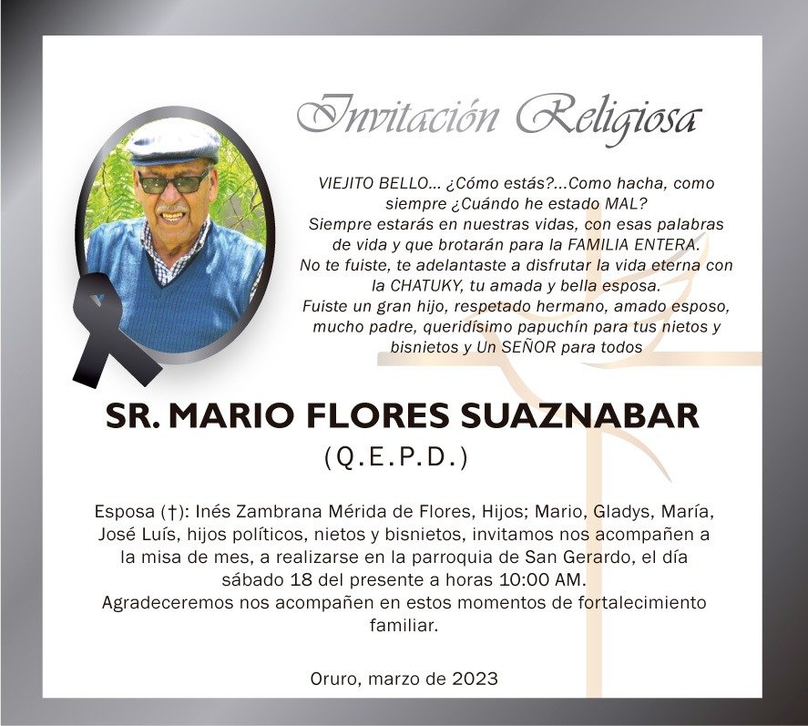 Invitación Religiosa para Mario Flores Suaznabar (Q.E.P.D.)
