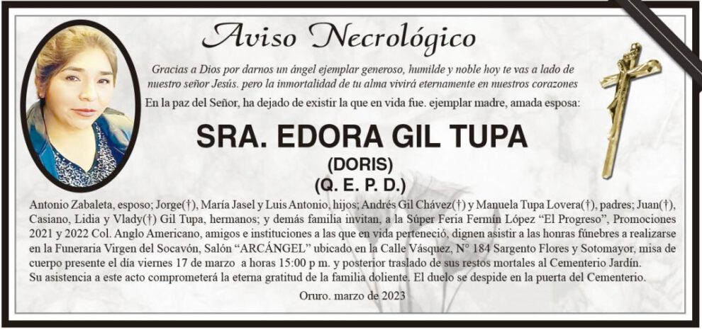 Aviso Necrológico de Edora Gil Tupa
