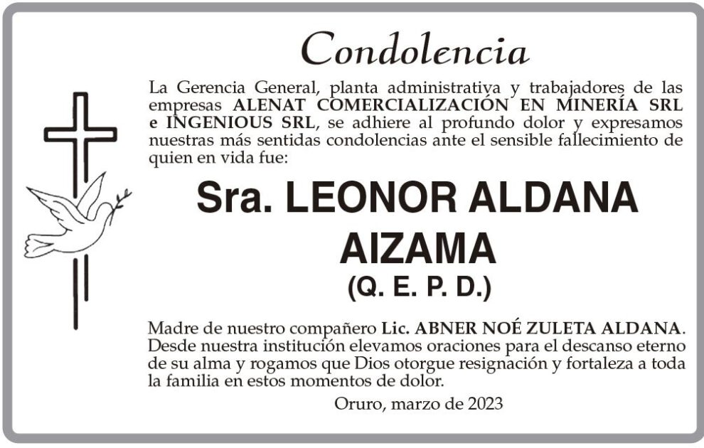 Condolencias por el fallecimiento de Leonor Aldana Aizama