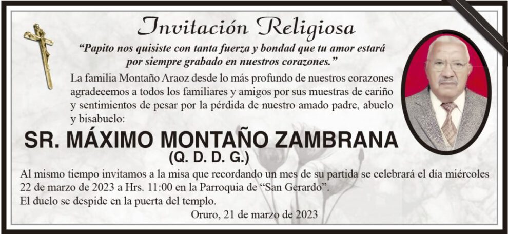 Invitación Religiosa para Máximo Montaño Zambrana