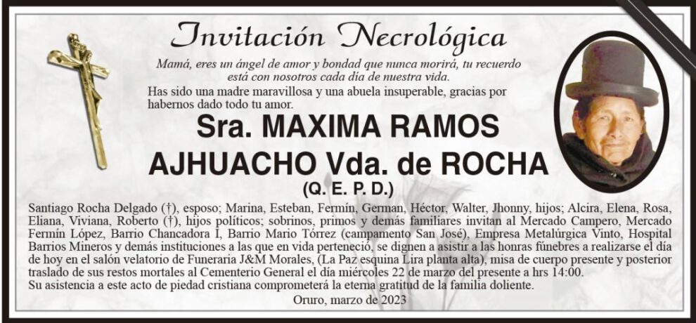 Invitación necrológica para Maxima Ramos Ajhuacho