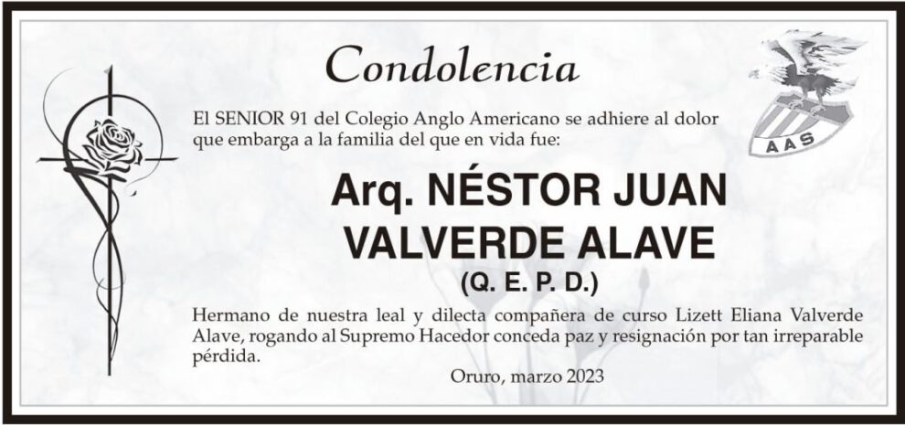Condolencia por Néstor Juan Valverde Alave