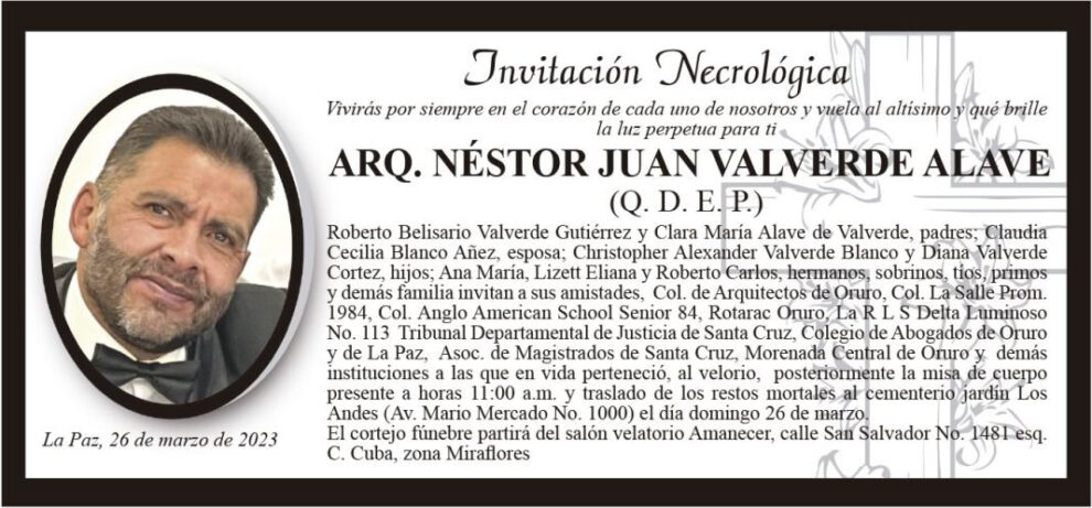 Invitación Necrológica: ARQ. NÉSTOR JUAN VALVERDE ALAVE