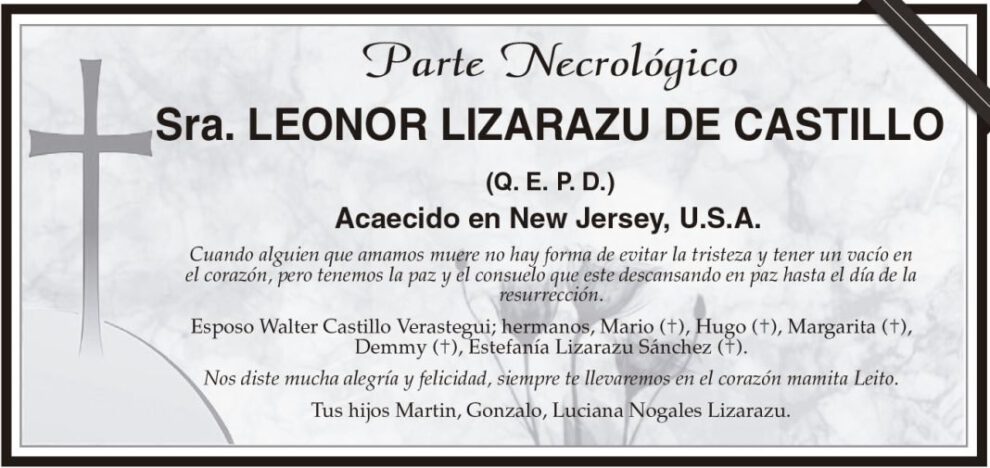 Parte Necrológico de Leonor Lizarazu de Castillo