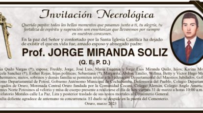 Invitación Necrológica: Prof. Jorge Miranda Soliz