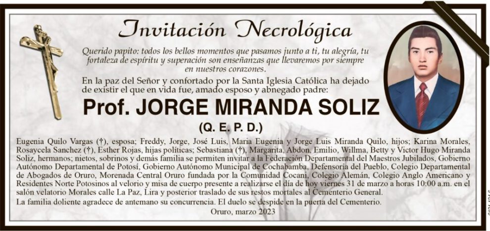 Invitación Necrológica: Prof. Jorge Miranda Soliz