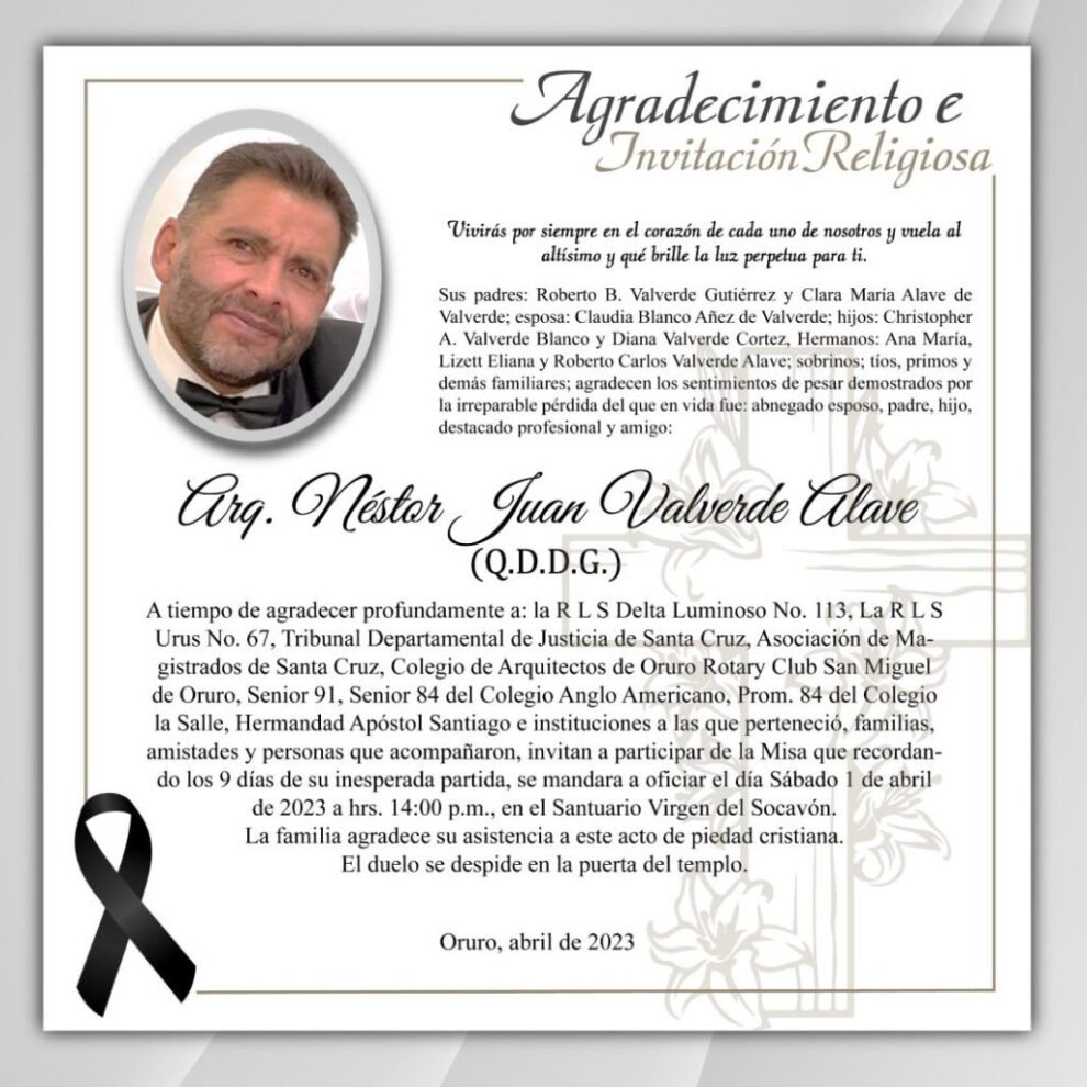 Agradecimiento e Invitación Religiosa: Néstor Juan Valverde Alave