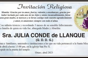 Invitación Religiosa para Sra. Julia Conde de Llanque