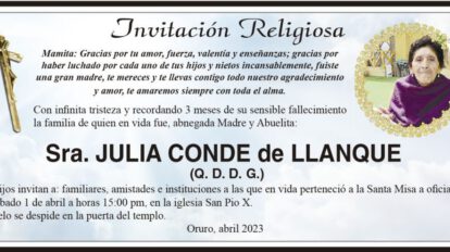 Invitación Religiosa para Sra. Julia Conde de Llanque