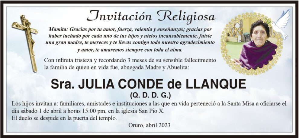 Invitación Religiosa para Sra. Julia Conde de Llanque