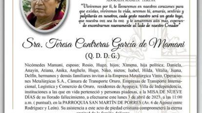 Invitación Religiosa para Sra. Teresa Contreras García de Mamani