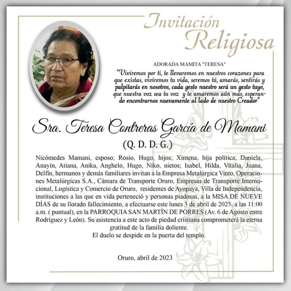Invitación Religiosa para Sra. Teresa Contreras García de Mamani