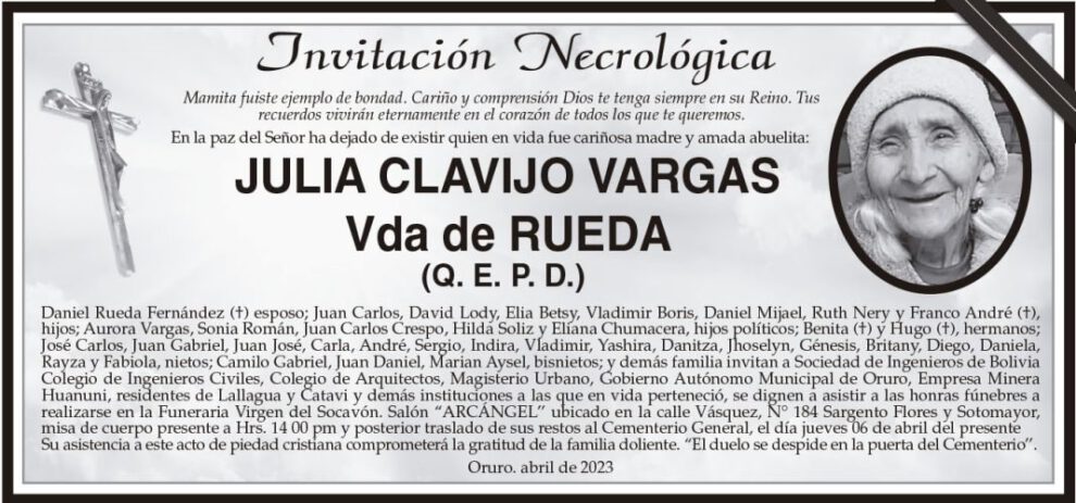 Invitación Necrológica de Julia Clavijo Vargas
