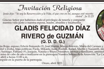 Invitación Religiosa: Gladis Felicidad Díaz Rivero de Guzmán