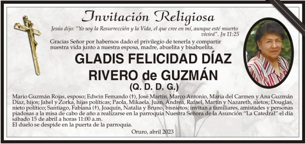 Invitación Religiosa: Gladis Felicidad Díaz Rivero de Guzmán