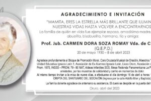 Agradecimiento por Carmen Dora Soza Romay y misa de nueve días