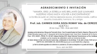 Agradecimiento por Carmen Dora Soza Romay y misa de nueve días