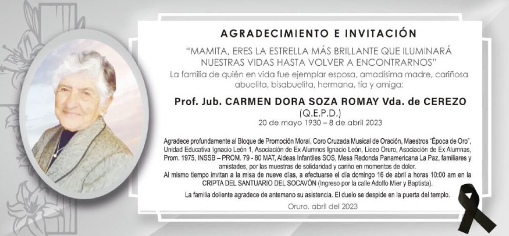 Agradecimiento por Carmen Dora Soza Romay y misa de nueve días