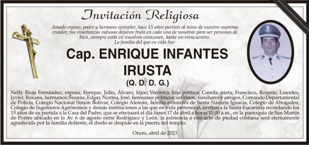 Invitación religiosa en memoria de Cap. Enrique Infantes Irusta