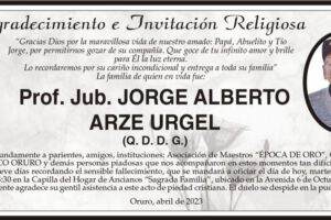 Agradecimiento e Invitación Religiosa por Prof. Jub. Jorge Alberto Arze Urgel