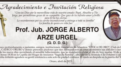Agradecimiento e Invitación Religiosa por Prof. Jub. Jorge Alberto Arze Urgel