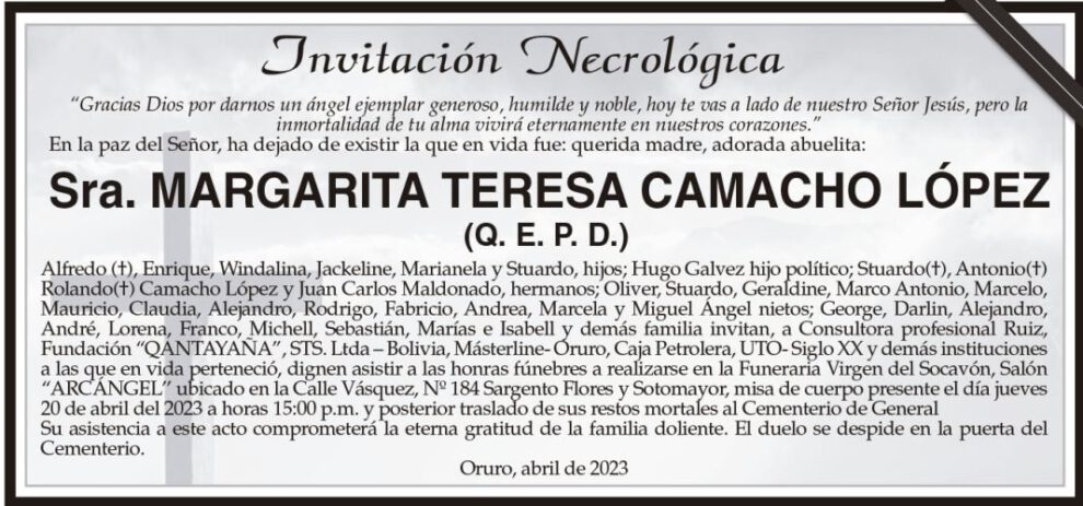 Invitación Necrológica de Margarita Teresa Camacho López