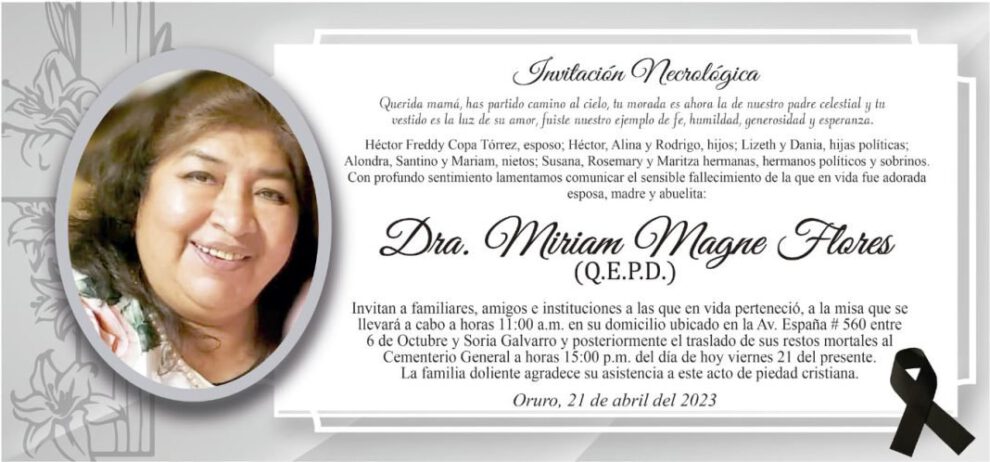Invitación Necrológica: Dra. Miriam Magne Flores