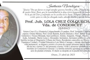Invitación Necrológica para Prof. Jub. Lola Cruz Colquechambi