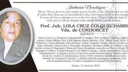 Invitación Necrológica para Prof. Jub. Lola Cruz Colquechambi