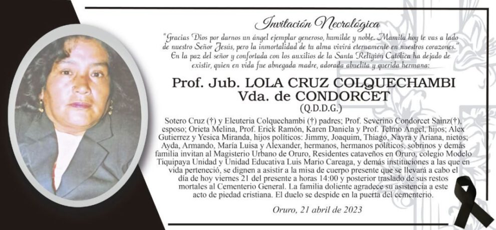 Invitación Necrológica para Prof. Jub. Lola Cruz Colquechambi