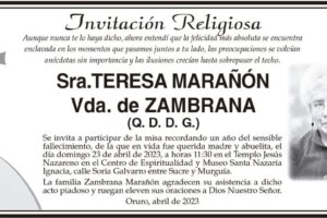 Invitación Religiosa a misa en memoria de Sra. Teresa Marañón Vda. de Zambrana