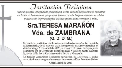 Invitación Religiosa a misa en memoria de Sra. Teresa Marañón Vda. de Zambrana