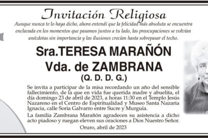 Invitación Religiosa a misa en memoria de Sra. Teresa Marañón Vda. de Zambrana