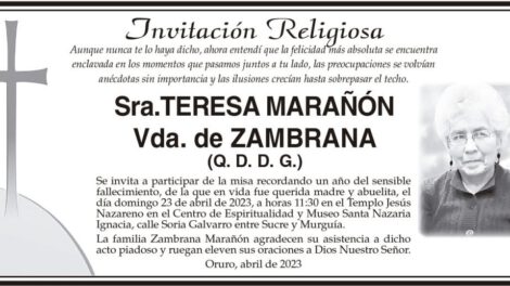 Invitación Religiosa a misa en memoria de Sra. Teresa Marañón Vda. de Zambrana