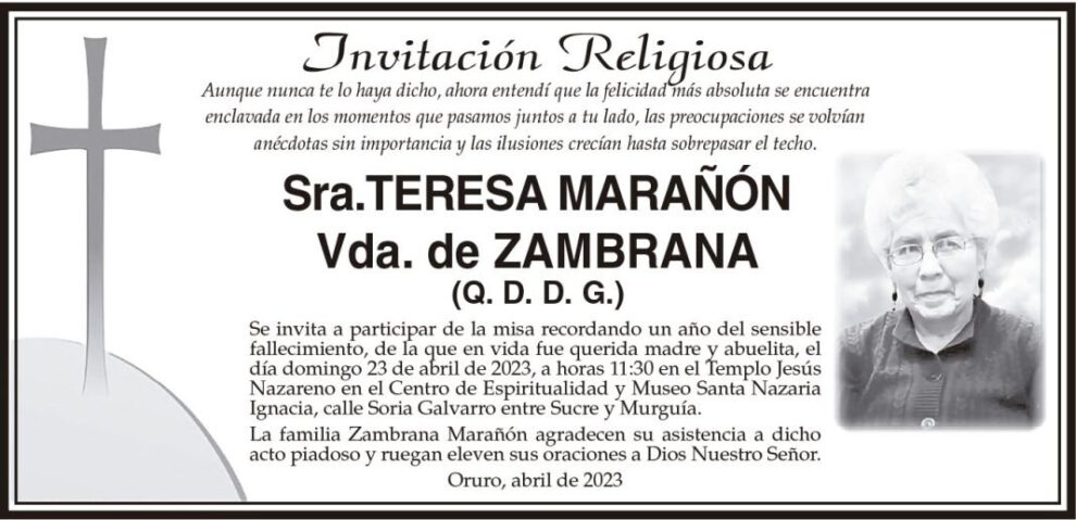 Invitación Religiosa a misa en memoria de Sra. Teresa Marañón Vda. de Zambrana