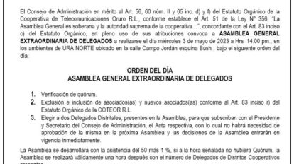 Convocatoria Asamblea General Extraordinaria Coteor R.L.