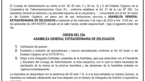 Convocatoria Asamblea General Extraordinaria Coteor R.L.