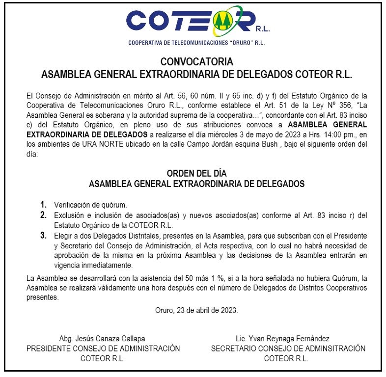 Convocatoria Asamblea General Extraordinaria Coteor R.L.