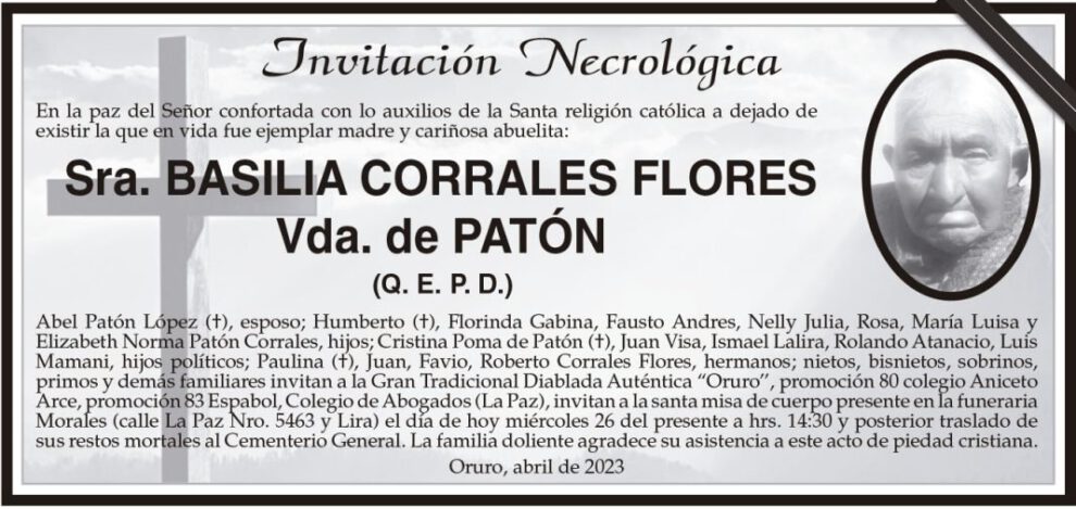 Invitación Necrológica de Basilia Corrales Flores