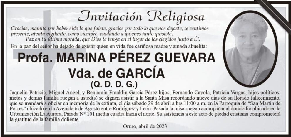 Profa. Marina Pérez Guevara Vda. de García obituario