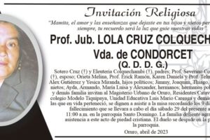 Prof. Jub. Lola Cruz Colquechambi, invitación a misa recordatoria