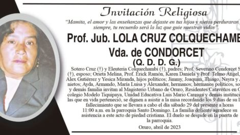 Prof. Jub. Lola Cruz Colquechambi, invitación a misa recordatoria