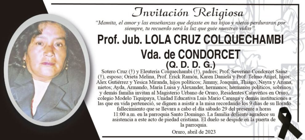 Prof. Jub. Lola Cruz Colquechambi, invitación a misa recordatoria