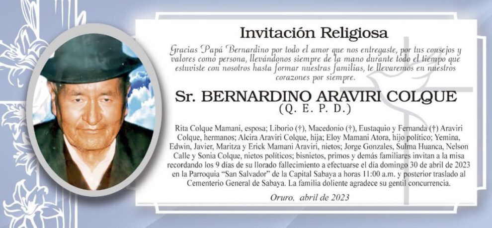 Obituario de Bernardino Araviri Colque