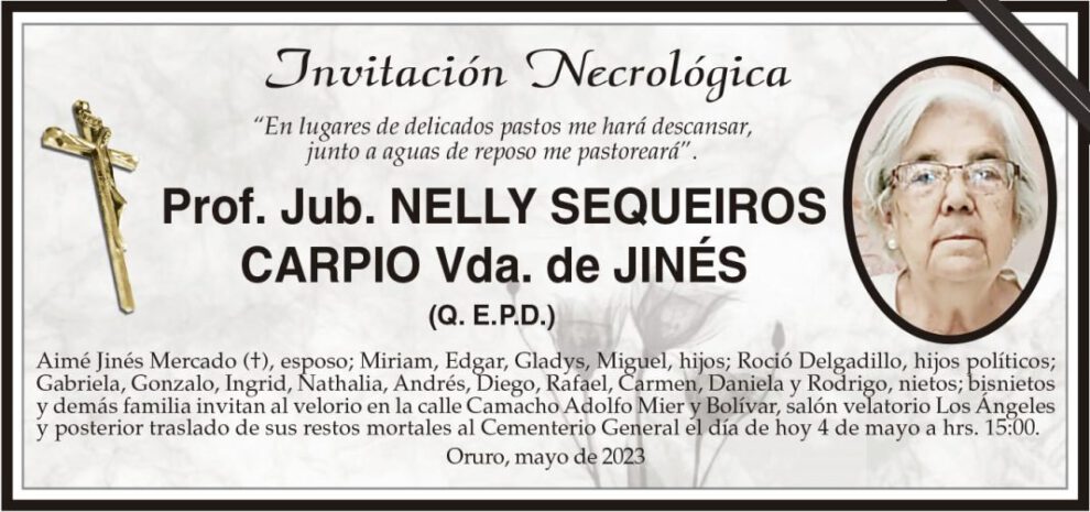 Invitación Necrológica: Prof. Jub. Nelly Sequeiros Carpio