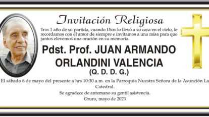 Invitación religiosa en memoria de Juan Armando Orlandini Valencia