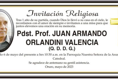 Invitación religiosa en memoria de Juan Armando Orlandini Valencia